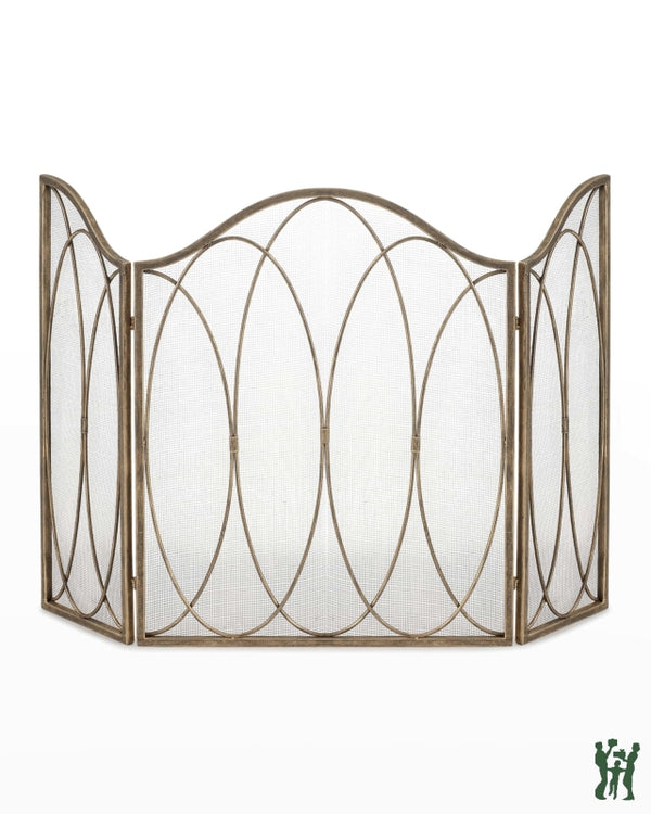 48W Light Burnished Gold Oval Design Three Panel Fire Screen With Mesh Backing Fireplace