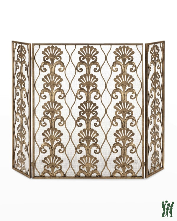 48W Light Burnished Gold Shell Accent Three Panel Fire Screen With Mesh Backing Fireplace