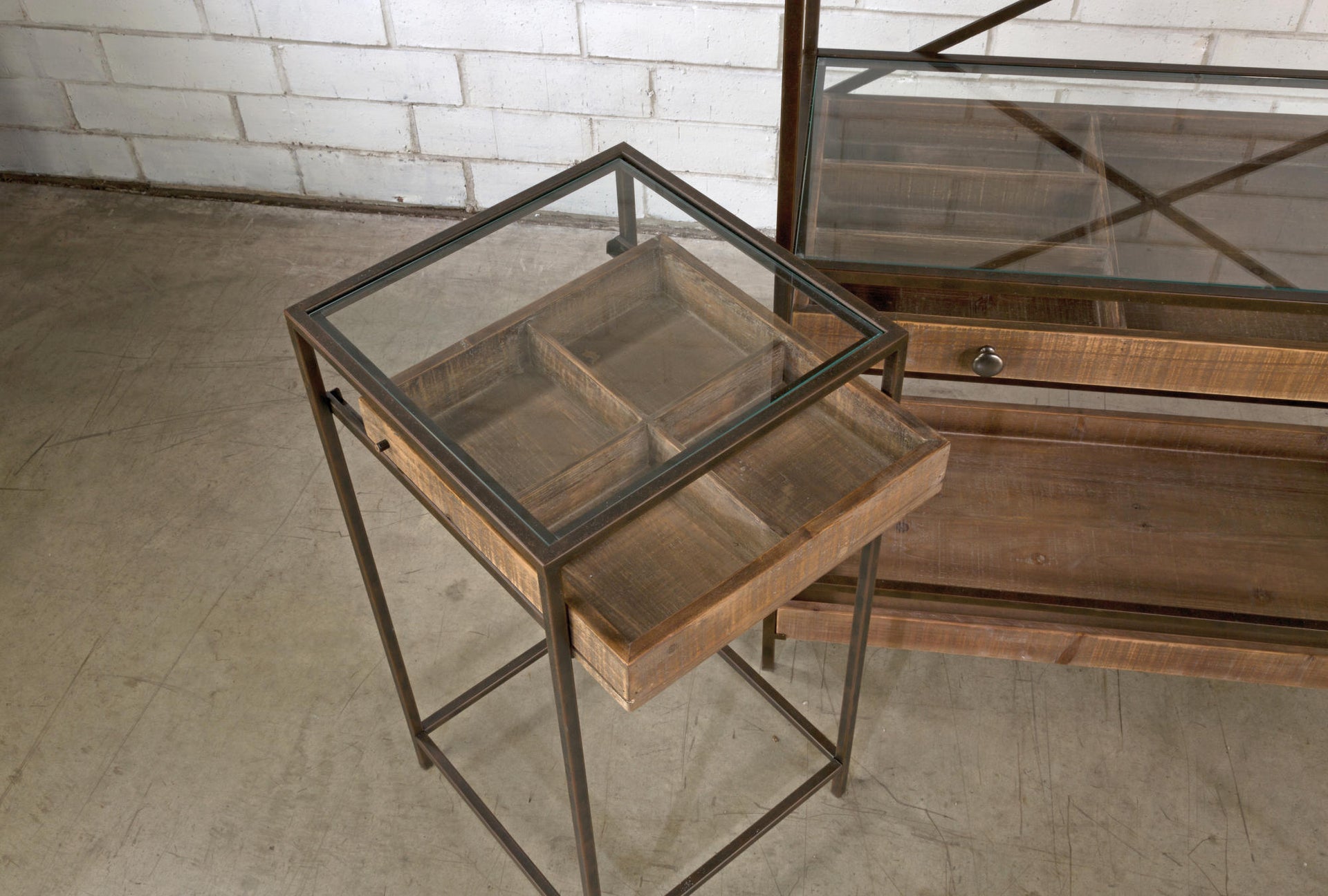 Set of 2 Side Tables with Glass Top Storage Drawer