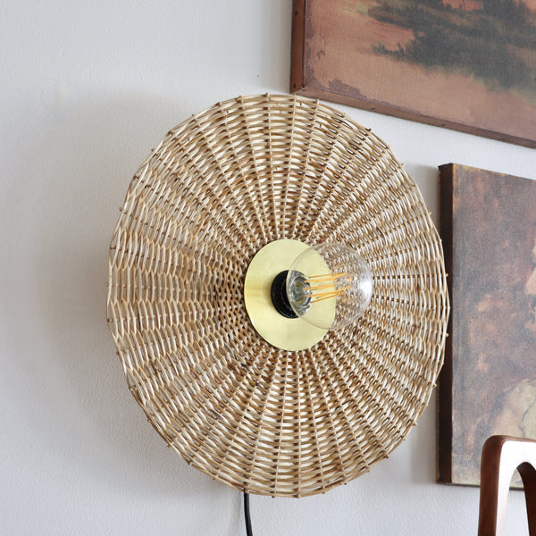 Rattan and Brass Fan Wall Sconce Lamp Kalalou