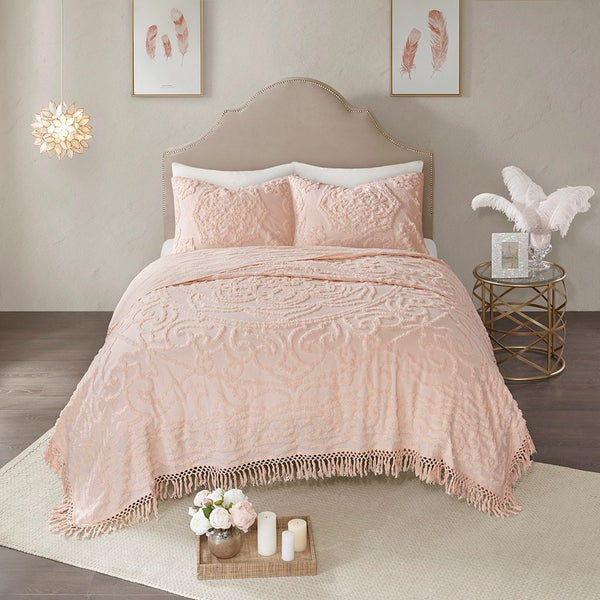 Laetitia Tufted Cotton Chenille Medallion Fringe Coverlet Mini Set - Blush