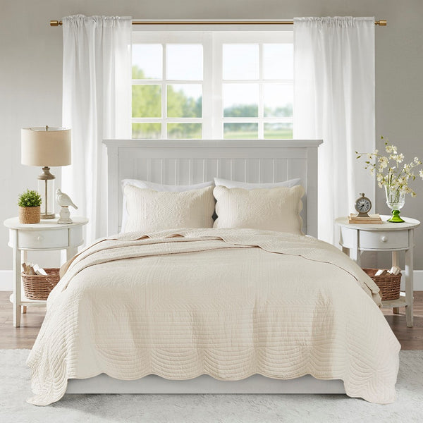 Tuscany 3 Piece Reversible Scalloped Edge Coverlet Set - Cream