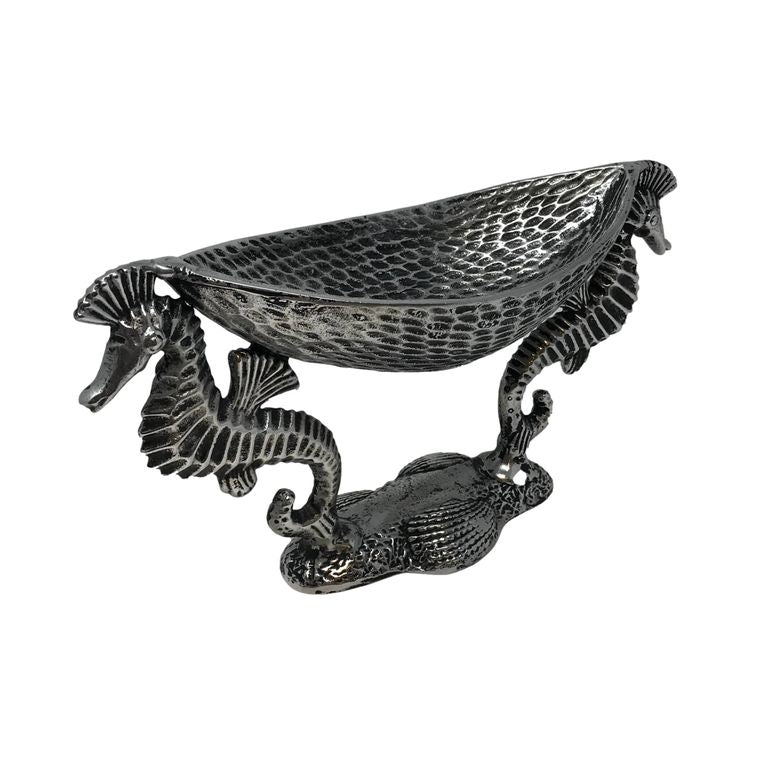 Antiq. Nickel Cast Aluminum 2 Seahorse Pedestal Serving Bowl