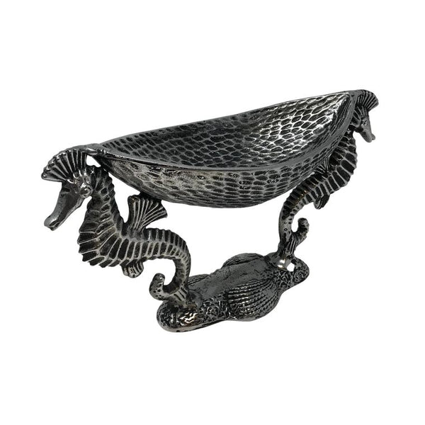 Antiq. Nickel Cast Aluminum 2 Seahorse Pedestal Serving Bowl - Gifts for You 'n Me