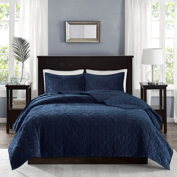 Harper Velvet 3 Piece Coverlet Set - Navy