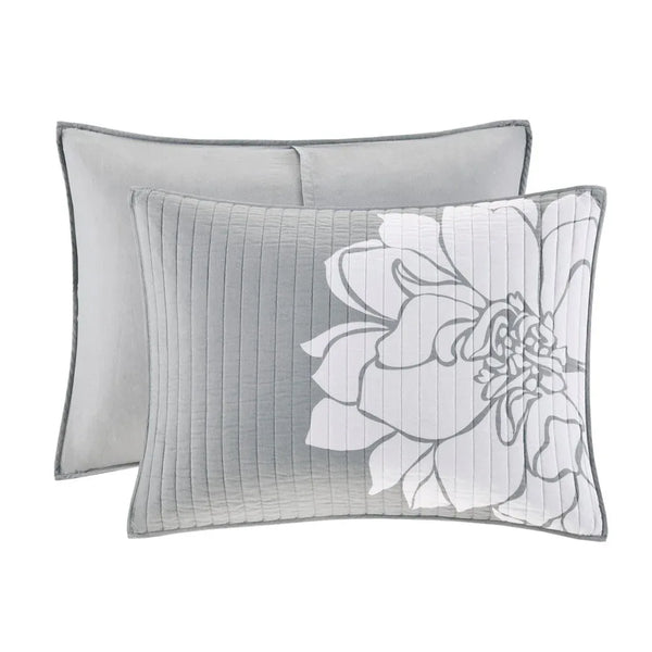 Lola 6 Piece Reversible Cotton Printed Coverlet Set - Grey/Blush - Gifts for You 'n Me