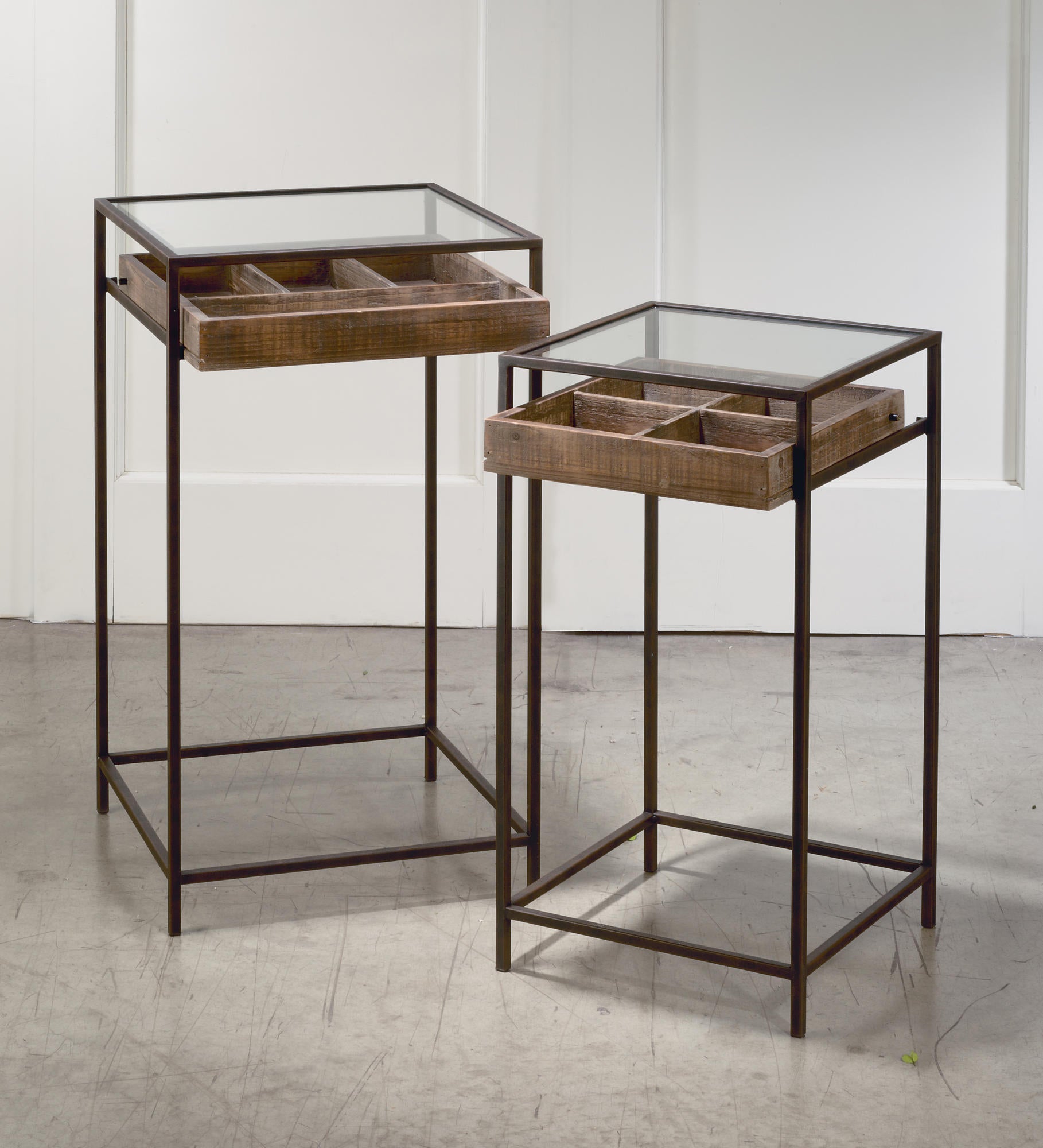 Set of 2 Side Tables with Glass Top Storage Drawer