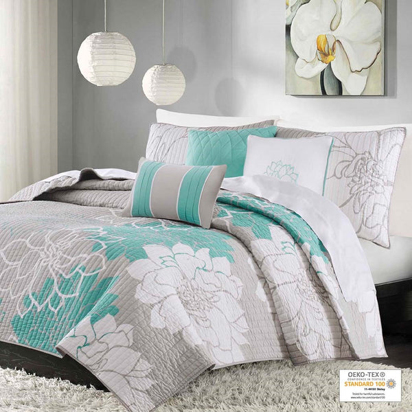 Lola 6 Piece Reversible Cotton Printed Coverlet Set - Aqua