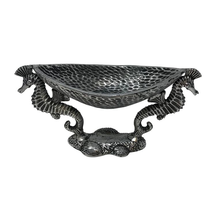 Antiq. Nickel Cast Aluminum 2 Seahorse Pedestal Serving Bowl