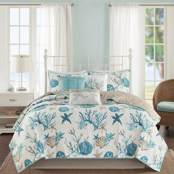 Pebble Beach 6 Piece Cotton Sateen Reversible Coverlet Set - Aqua