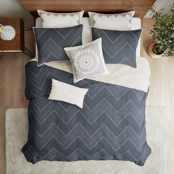 Pomona Cotton Embroidered 3 Piece Coverlet Set - Navy