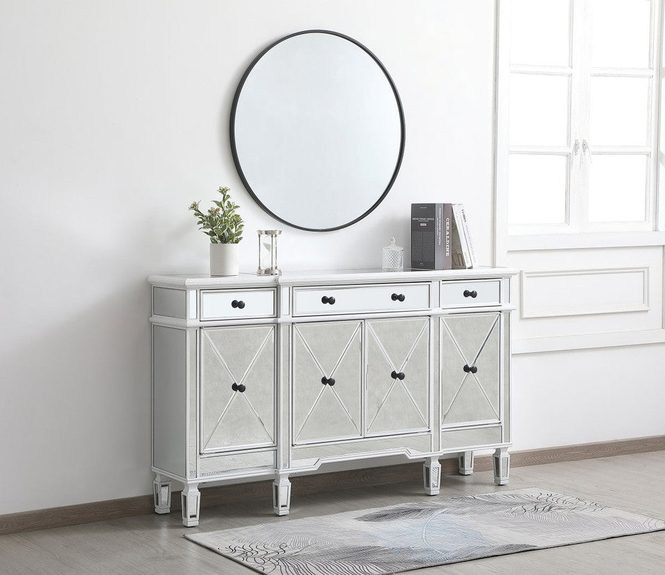 Elegant 60 Inch Mirrored Credenza in Antique White