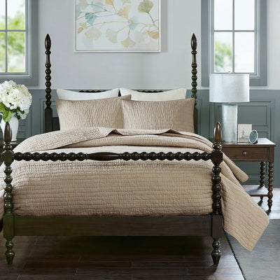 Serene 3 Piece Hand Quilted Cotton Quilt Set - Linen