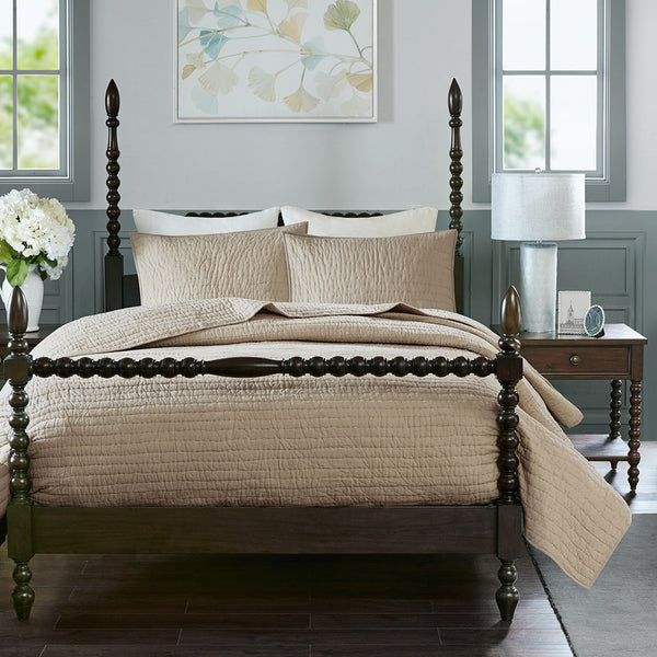 Serene 3 Piece Hand Quilted Cotton Quilt Set - Linen