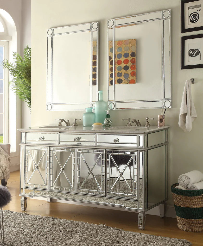 60” Ashlia Mirrored Reflection Double Bathroom Sink Vanity