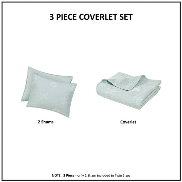 Seaside 4 Piece Cotton Coverlet Set - Aqua