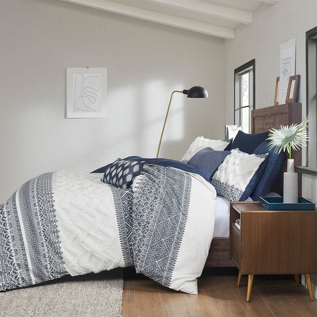 Mila 3 Piece Cotton Navy Comforter Set with Chenille Tufting by INK+IVY