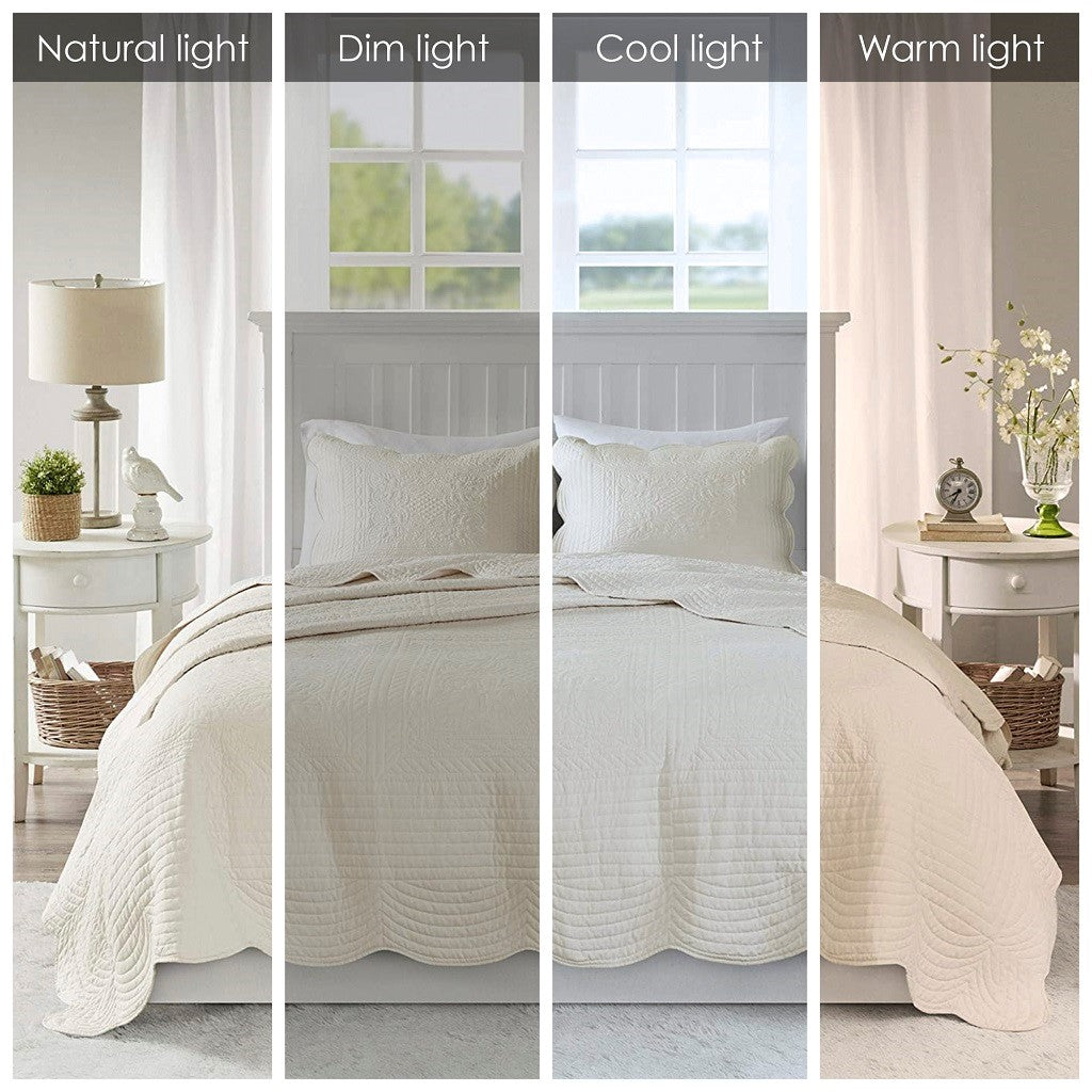 Tuscany 3 Piece Reversible Scalloped Edge Coverlet Set - Cream