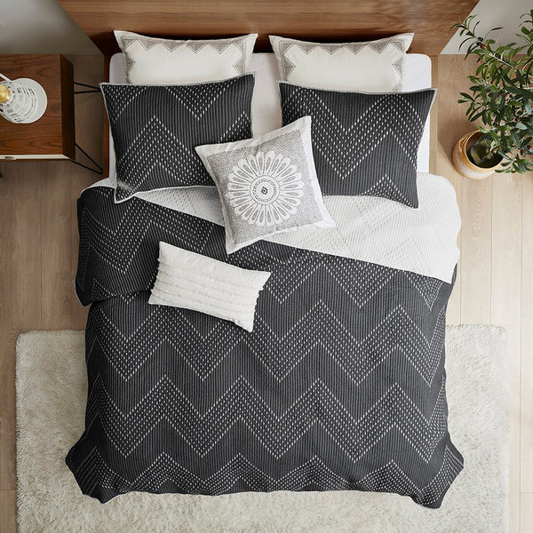 Pomona Cotton Embroidered 3 Piece Coverlet Set - Black