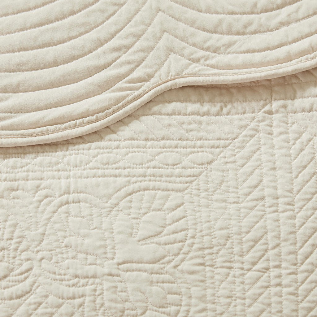 Tuscany 3 Piece Reversible Scalloped Edge Coverlet Set - Cream
