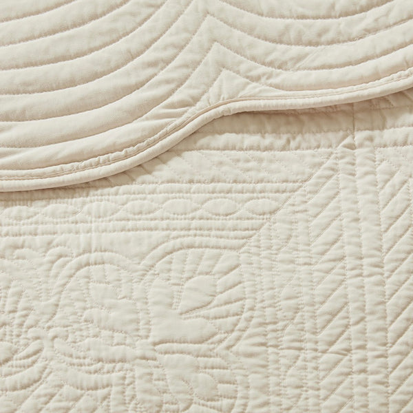 Tuscany 3 Piece Reversible Scalloped Edge Coverlet Set - Cream