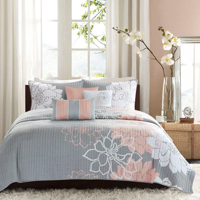 Lola 6 Piece Reversible Cotton Printed Coverlet Set - Grey/Blush