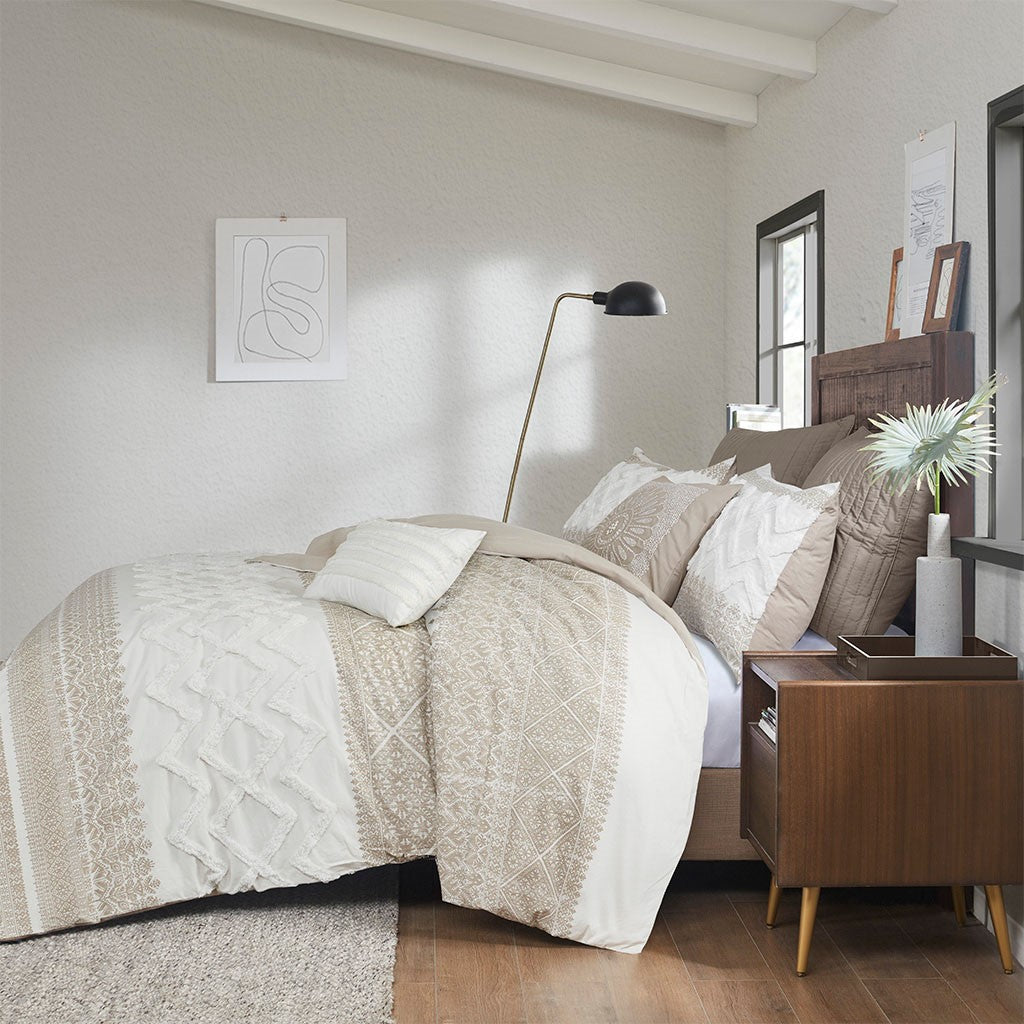 Mila 3 Piece Cotton Taupe Comforter Set with Chenille Tufting by INK+IVY
