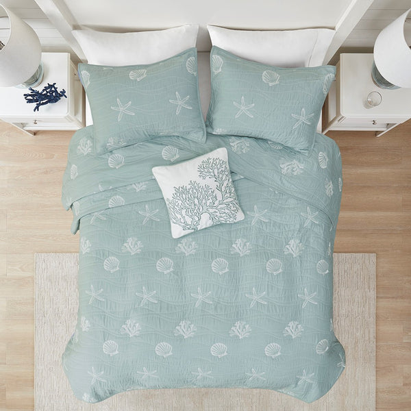 Seaside 4 Piece Cotton Coverlet Set - Aqua