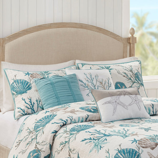 Pebble Beach 6 Piece Cotton Sateen Reversible Coverlet Set - Aqua