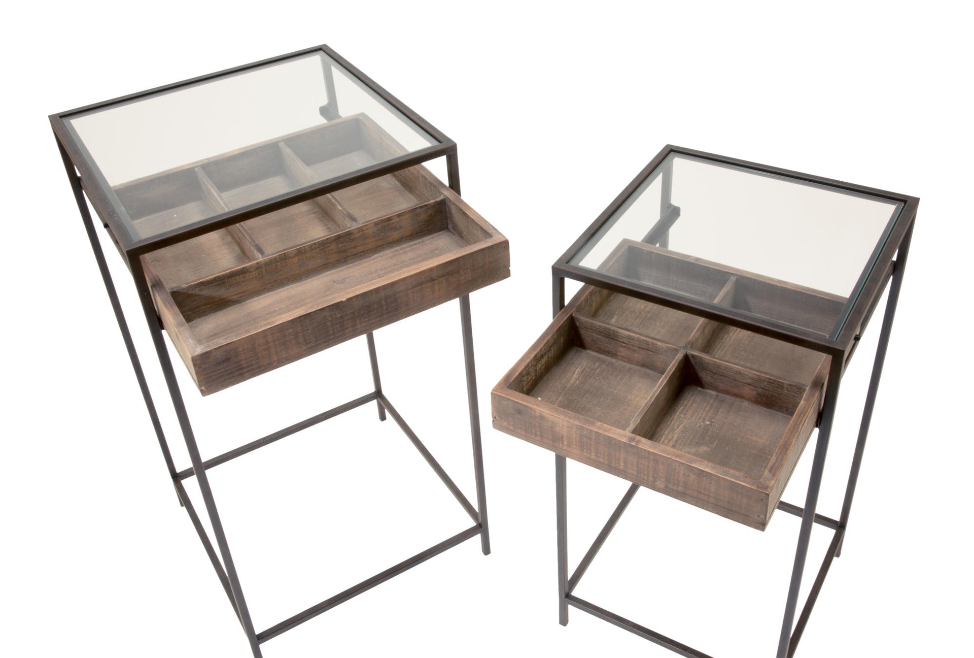 Set of 2 Side Tables with Glass Top Storage Drawer