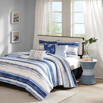 Marina 6 Piece Quilted Microfiber Coverlet Set with Throw Pillows - Blue