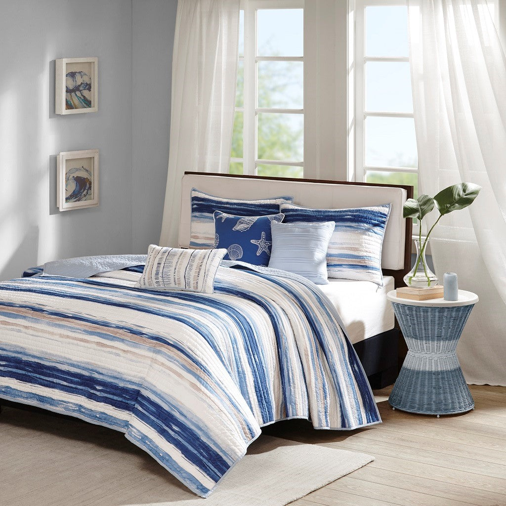 Marina 6 Piece Quilted Microfiber Coverlet Set with Throw Pillows - Blue