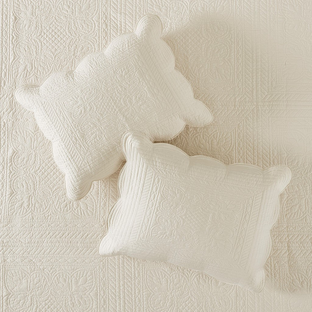 Tuscany 3 Piece Reversible Scalloped Edge Coverlet Set - Cream