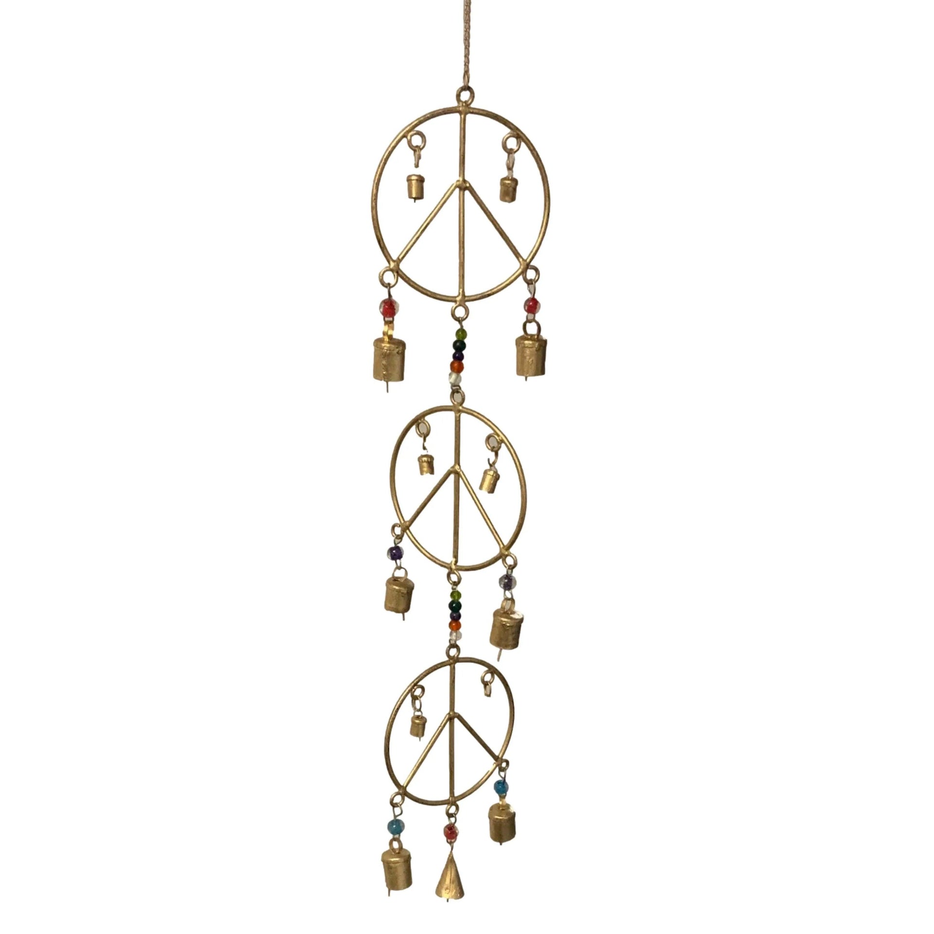 Spring Triple Peace Sign hanging Bell Chime with Glass Beads - Gifts for You 'n Me
