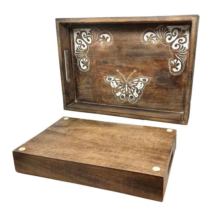 Set of 2 Dancing Butterflies Hand-Carved Wood Serving Trays - Gifts for You 'n Me