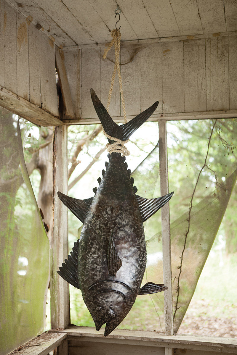 RECYCLED HAND HAMMERED METAL 3D TUNA WITH SISAL ROPE