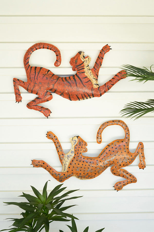 Set of 2 Hand Hammered Recycled Cheetah And Tiger Wall Hanging