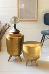 Set of 2 Antique Brass Aluminum Drum Tables