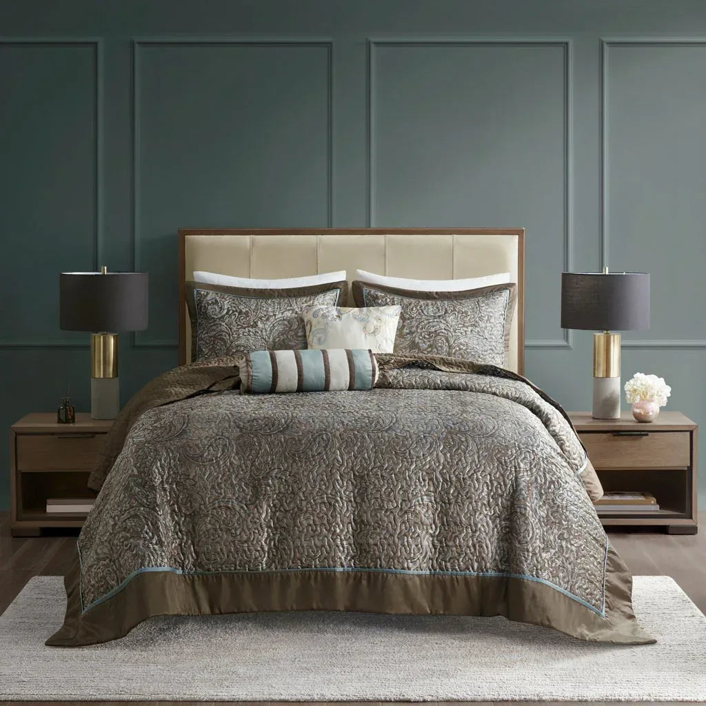 Aubrey 5 Piece Reversible Jacquard Bedspread Set in Blue/Brown - Gifts for You 'n Me