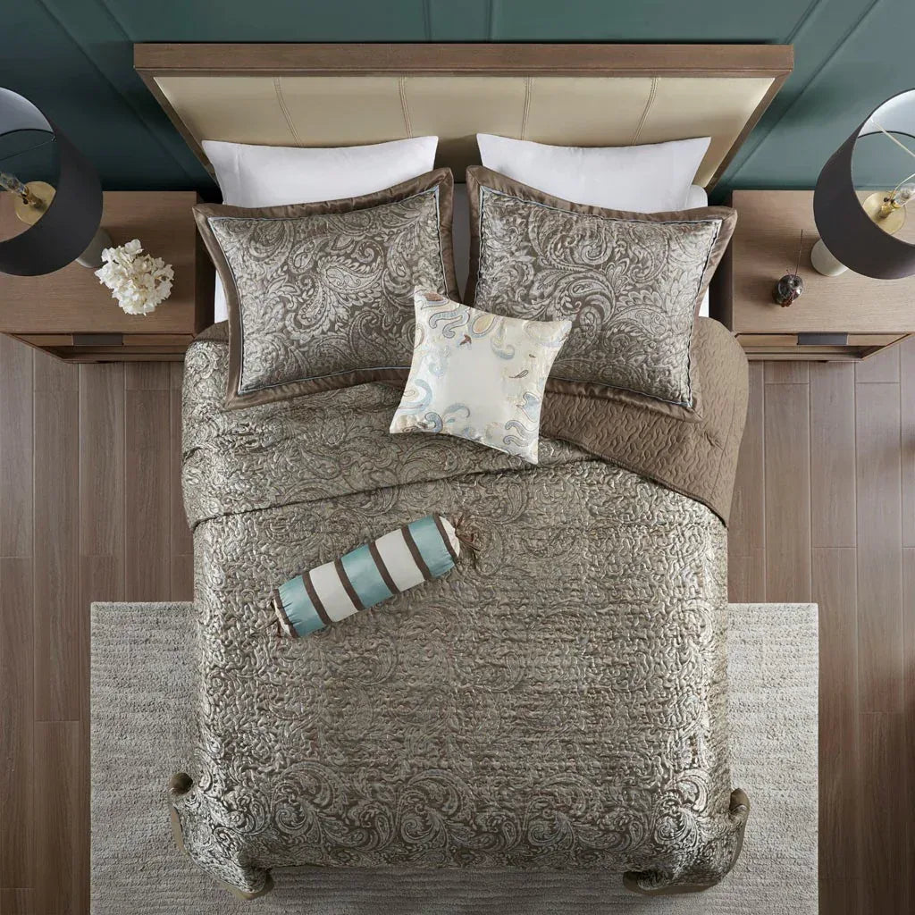Aubrey 5 Piece Reversible Jacquard Bedspread Set in Blue/Brown - Gifts for You 'n Me