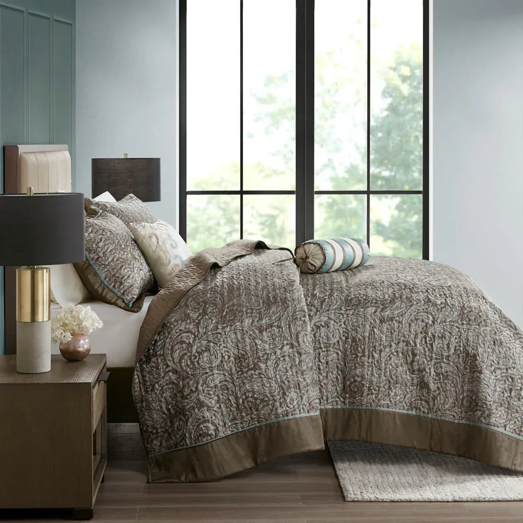 Aubrey 5 Piece Reversible Jacquard Bedspread Set in Blue/Brown - Gifts for You 'n Me
