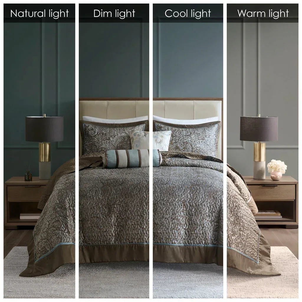 Aubrey 5 Piece Reversible Jacquard Bedspread Set in Blue/Brown - Gifts for You 'n Me