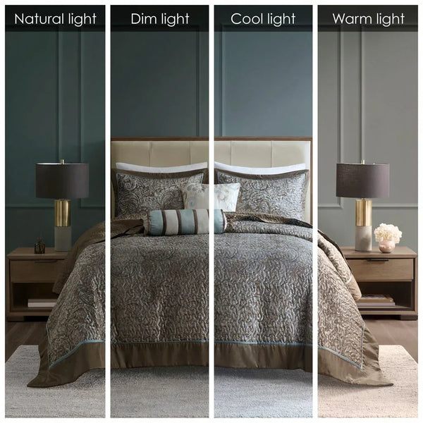Aubrey 5 Piece Reversible Jacquard Bedspread Set in Blue/Brown - Gifts for You 'n Me