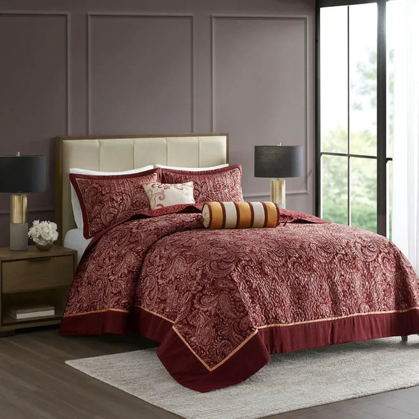 Aubrey 5 Piece Reversible Jacquard Bedspread Set in Burgundy - Gifts for You 'n Me