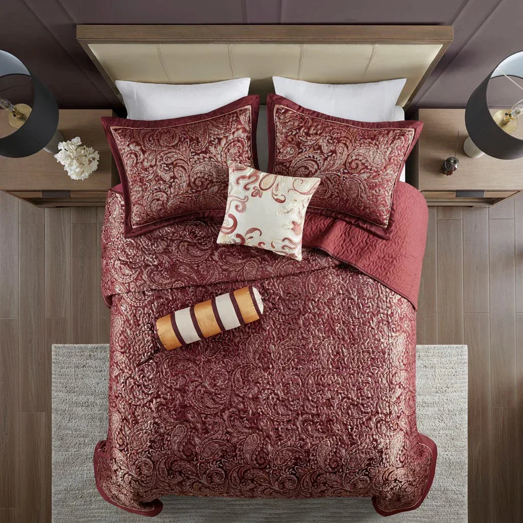 Aubrey 5 Piece Reversible Jacquard Bedspread Set in Burgundy - Gifts for You 'n Me