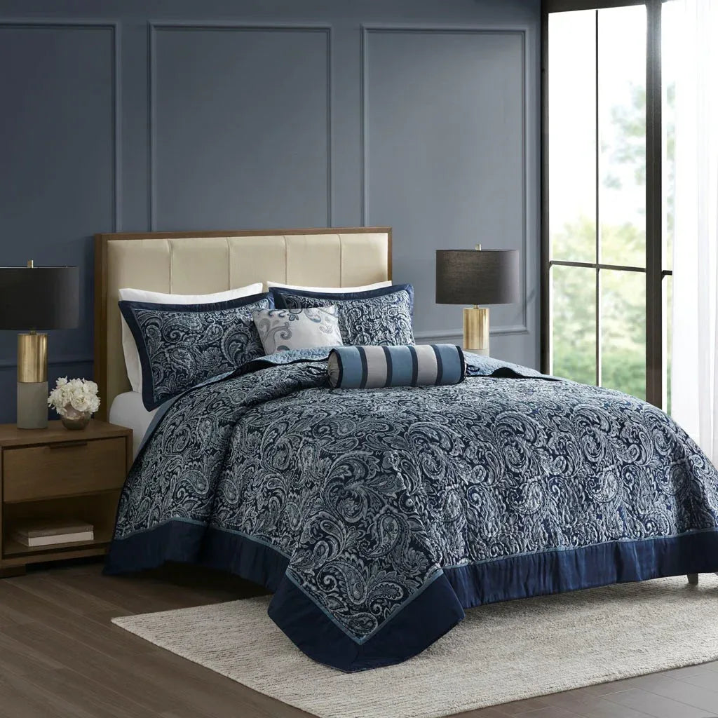 Aubrey 5 Piece Reversible Jacquard Bedspread Set in Navy - Gifts for You 'n Me