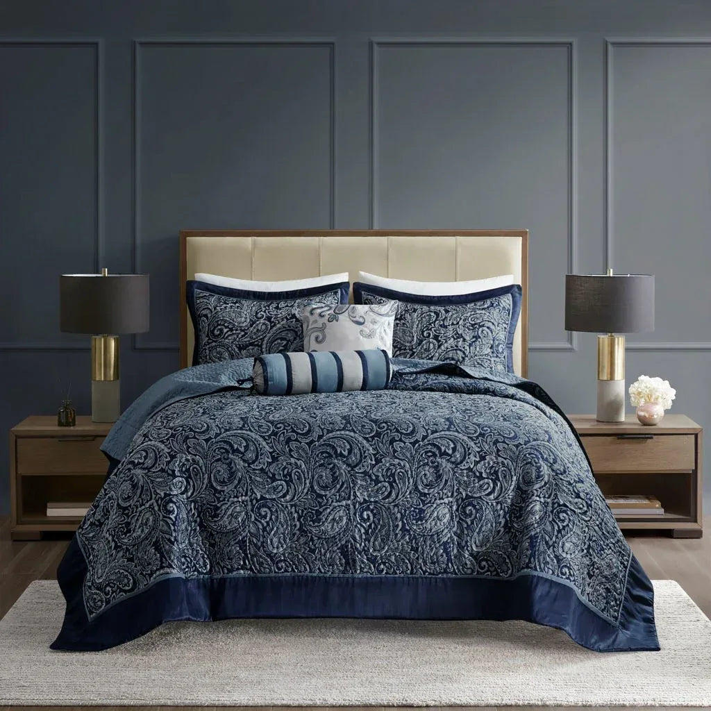 Aubrey 5 Piece Reversible Jacquard Bedspread Set in Navy - Gifts for You 'n Me