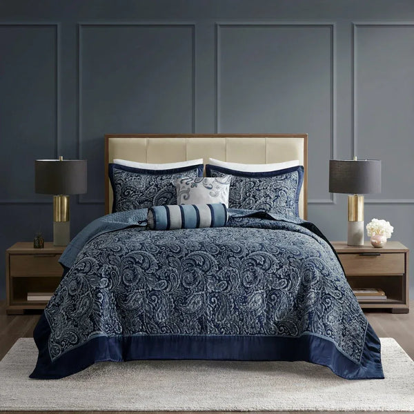 Aubrey 5 Piece Reversible Jacquard Bedspread Set in Navy - Gifts for You 'n Me