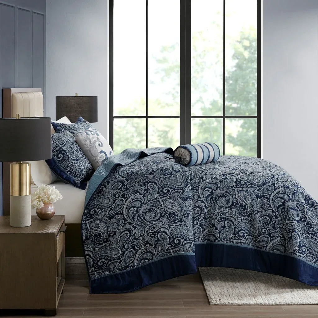 Aubrey 5 Piece Reversible Jacquard Bedspread Set in Navy - Gifts for You 'n Me