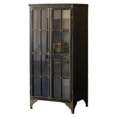 Wide Industrial Iron And Glass Two Door Apothecary Cabinet